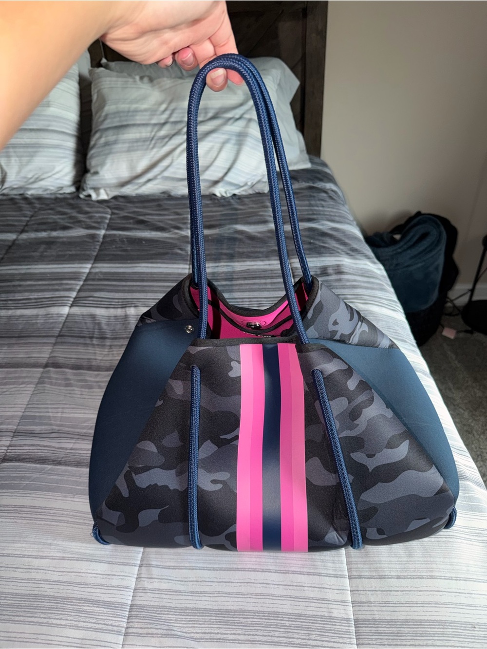 Neoprene Navy Camo Tote with Pink Stripe